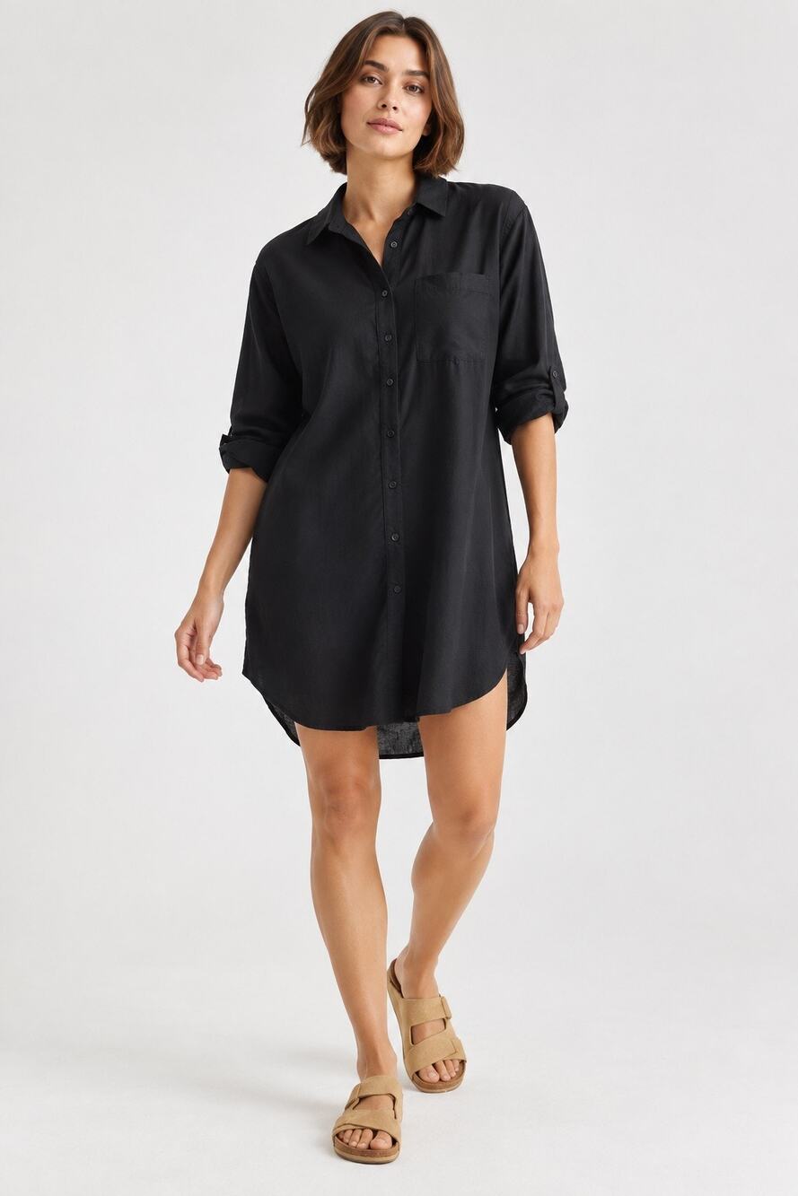 Quince 100% European Linen Shirt Dress Black Large L Button Front Midi Tunic
